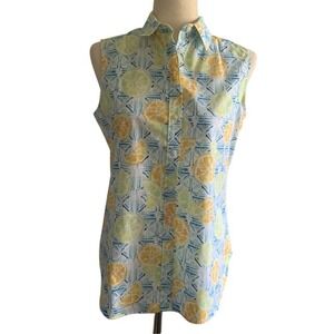 Lemon Print Sleeveless Shirt 6 Yellow Button Supima Cotton Preppy Euro Summer